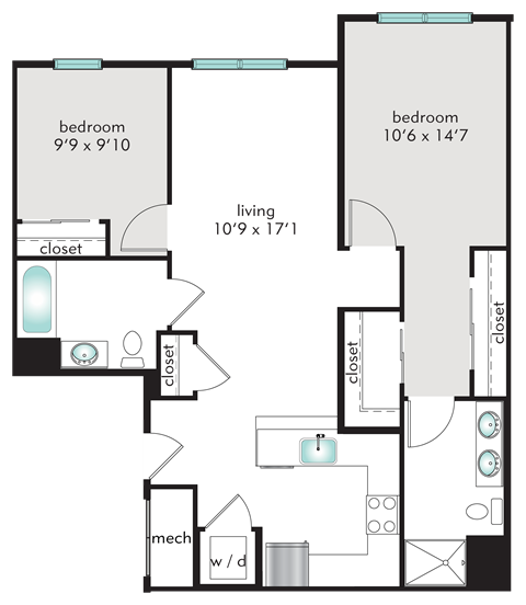 Floor plan for 2 beds, 2 baths, 976 sqft